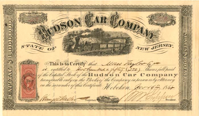 Hudson Car Co. issued to Moses Taylor - Stock Certificate